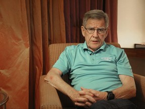 In this June 17, 2017 photo, James Moriarty, 70, sits for an interview about the death and trial of his son, fallen U.S. Green Beret Kevin McEnroe, in Amman, Jordan. Both Brian McEnroe and James Moriarty, fathers of two of the three American soldiers who were shot dead at a Jordanian military base, are attending the latest hearing in the trial here of the Jordanian serviceman accused of killing them.  (AP Photo/Sam McNeil)