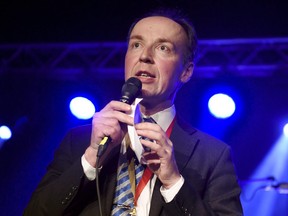 The new chairman of the Finns Party, Member of the European Parliament, Jussi Halla-aho addresses the party congress in Jyvaeskylae, Finland on June 10, 2017.