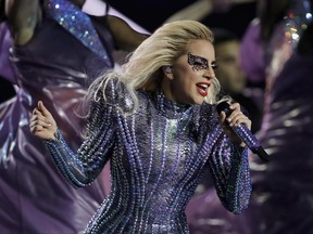 FILE - In this Feb. 5, 2017 file photo, singer Lady Gaga performs during the halftime show of the NFL Super Bowl 51 football game between the New England Patriots and the Atlanta Falcons, in Houston. Lady Gaga, a longtime supporter of gay rights, says pride weekend is a time to shine a light on equality. "This weekend is a time for us all to reflect on the importance of tolerance and the importance of bravery and kindness, (and) the important of us supporting one another," the pop star said in an interview with The Associated Press on Friday, June 23. (AP Photo/Darron Cummings, File)