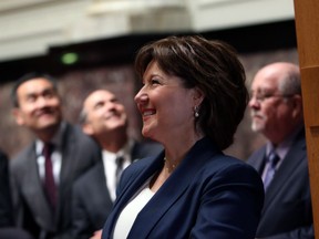 B.C. Premier Christy Clark waits before officially being sworn-in during a ceremony at Legislature in Victoria, B.C., on Thursday, June 8, 2017.