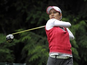 FILE - In this June 9, 2016, file photo, Ai Miyazato, of Japan, tees off during the first round of the Women's LPGA Championship golf tournament at Sahalee Country Club, in Sammamish, Wash. Ai Miyazato announced her retirement last month from the LPGA Tour at the end of the season. More relaxed following the announcement, she'll play her first tournament in the U.S. since then when she tees up at this weekend's NW Arkansas Championship. (AP Photo/Elaine Thompson, File)