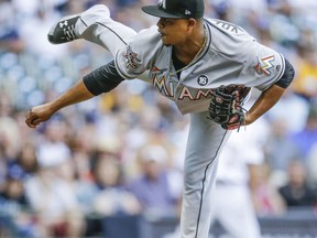Miami Marlins' Edinson Volquez pitches to a Milwaukee Brewers batter during the first inning of a baseball game Friday, June 30, 2017, in Milwaukee. (AP Photo/Tom Lynn)