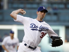 Los Angeles Dodgers starting pitcher Brandon McCarthy throws against the New York Mets during the first inning of a baseball game, Tuesday, June 20, 2017, in Los Angeles. (AP Photo/Jae C. Hong)