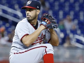 Washington Nationals' Gio Gonzalez delivers a pitch during the first inning of a baseball game against the Miami Marlins, Tuesday, June 20, 2017, in Miami. (AP Photo/Wilfredo Lee)