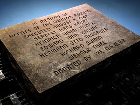 A memorial stone commemorating Nazi spies sits in storage at the National Park Service in Maryland. The Abwehr was the German intelligence service in the World War II period.