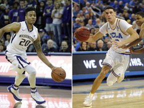 FILE - At left, in a Dec. 11, 2016, file photo, Washington's Markelle Fultz drives against Nevada in an NCAA college basketball game in Seattle. At right, in a Jan. 5, 2017, file photo, UCLA guard Lonzo Ball drives against California's Charlie Moore during an NCAA college basketball game in Los Angeles. Fultz should go No. 1 and Ball would then get his wish to stay in Los Angeles at No. 2. Then the intrigue starts in the NBA draft. (AP Photo/File)