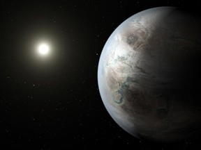 This artist rendering provided by NASA/JPL-Caltech/T. Pyle, taken in 2015, depicts one possible appearance of the planet Kepler-452b, the first near-Earth-size world to be found in the habitable zone of a star that is similar to our sun. NASA says its planet-hunting telescope has found 10 new planets outside our solar system that are likely the right size and temperature to potentially have life on them.  (NASA/JPL-Caltech/T. Pyle via AP)