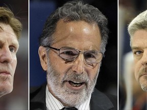 FILE - At left is an Oct. 2, 2015, file photo showing Toronto Maple Leafs head coach Mike Babcock watching from the bench during an NHL game against the  Detroit Red Wings, in Detroit. At center, in a Jan. 13, 2017, file photo, Columbus Blue Jackets coach John Tortorella speaks before an NHL hockey game between Tampa and the Blue Jackets, in Tampa, Fla .At right, in a Nov. 6, 2016, file photo, Edmonton Oilers head coach Todd McLellan watches his team play against the Detroit Red Wings, in Detroit. Babcock, Tortorella and McLellan had plenty in common. Not only did the three steer their playoff-starved franchises to the postseason, they are the NHL coach of the year Jack Adams Trophy candidates. (AP Photo/File)