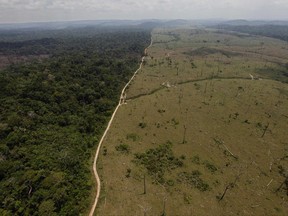 FILE - This Sept. 15, 2009 file photo shows a deforested area near Novo Progresso in Brazil's northern state of Para.  Norway's prime minister on Friday June 24, 2017  warned Brazil's president to curb deforestation or Norway will reduce its financial contribution this year. Erna Solberg said "if preliminary figures about deforestation in 2016 are confirmed, it will lead to a reduced payout in 2017."(AP Photo/Andre Penner, File)