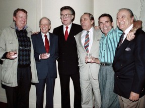 FILE - In this Oct. 4, 1990 file photo, Steve Allen, third from left, and some of the original cast members of the popular 1950's television show, "Steve Allen Show," from left: Tom Poston, Don Knotts, Allen, Louis Nye, Pat Harrington Jr., and Bill Dana appear in Beverly Hills, Calif. Dana, a comedy writer and performer who won stardom in the 1950s and '60s with his character Jose Jimenez, has died. He died Thursday, June 15, 2017, at his home in Nashville, Tenn., according to Emerson College, his alma mater. He was 92. (AP Photo/Kevork Djansezian, File)