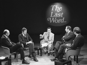 FILE--This photo from Nov. 8, 1977 shows reporter Gabe Pressman, center, hosting a televised New York mayoral debate with candidates Edward Koch, far left, Barry Farber, second from left, Mario Cuomo, second from right, and Roy Goodman. Pressman, an intrepid, Emmy-winning journalist who still relished going to work at the age of 93, died early Friday, June 23, 2017 at a Manhattan hospital. (AP Photo/Ron Frehm, File)