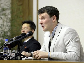 In this Feb. 29, 2016, photo, American student Otto Warmbier cries while speaking to reporters in Pyongyang, North Korea. The family of Warmbier who died days after being released from North Korea in a coma says the 22-year-old "has completed his journey home." Warmbier died Monday, June 19, 2017, relatives said in a statement. He arrived in Ohio on June 13, 2017, after being held for more than 17 months. (Korean Central News Agency/Korea News Service via AP)