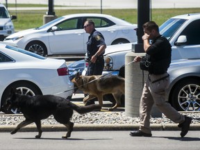 Police dogs search cars in a parking lot at Bishop International Airport, Wednesday morning, June 21, 2017, in Flint, Mich. Officials evacuated the airport Wednesday, where a witness said he saw an officer bleeding from his neck and a knife nearby on the ground. Authorities say the injured officer's condition is improving. (Jake May/The Flint Journal-MLive.com via AP)