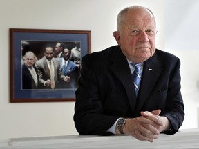 FILE - In this May 22, 2014 file photo, famed defense attorney F. Lee Bailey poses in his office in Yarmouth, Maine. Bailey has filed for bankruptcy again to tie up loose ends following his bankruptcy filing in 2016. His bankruptcy attorney said Tuesday, June 27, 2017, the new filing aims to resolve liens on his Maine home, personal property, pensions and book royalties, and to set up a payment plan.(AP Photo/Robert F. Bukaty, File)