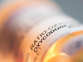 A prescription pill bottle containing oxycodone and acetaminophen is seen on June 20, 2012. THE CANADIAN PRESS/Graeme Roy