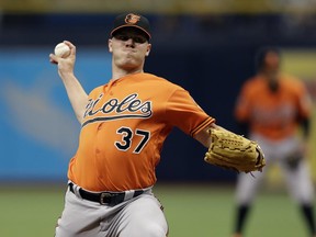 Baltimore Orioles starting pitcher Dylan Bundy (37) delivers to the Tampa Bay Rays during the first inning of a baseball game Saturday, June 24, 2017, in St. Petersburg, Fla. (AP Photo/Chris O'Meara)