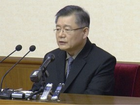 In this file image made from July 30, 2015, video, Canadian Hyeon Soo Lim speaks in Pyongyang, North Korea.