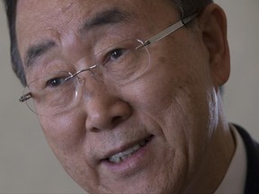 FILE- In this June 14, 2017, file photo, Former U.N. Secretary-General Ban Ki-moon speaks during an interview with The Associated Press in his hotel room in Madrid, Spain. Ki-moon is speaking at the John F. Kennedy Presidential Library & Museum in Boston on Wednesday, June 28. (AP Photo/Paul White, File)