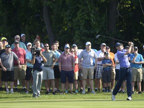 Jordan Spieth watches his drive from 13th tee during the second round of the Travelers Championship golf tournament Friday, June 23, 2017, in Cromwell, Conn. (Patrick Raycraft/Hartford Courant via AP)