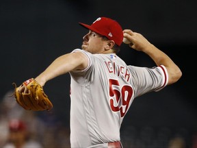 Philadelphia Phillies' Mark Leiter Jr. throws a pitch against the Arizona Diamondbacks during the first inning of a baseball game Friday, June 23, 2017, in Phoenix. (AP Photo/Ross D. Franklin)