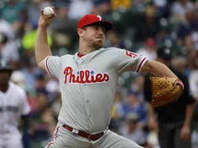 Philadelphia Phillies starting pitcher Mark Leiter Jr. throws against the Seattle Mariners in the first inning of a baseball game, Wednesday, June 28, 2017, in Seattle. (AP Photo/Ted S. Warren)