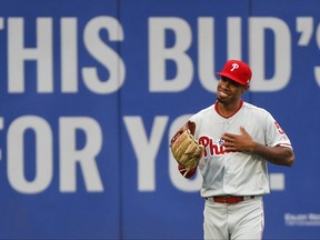 Philadelphia Phillies' Nick Williams warms up just before the team's baseball game against the New York Mets, Friday, June 30, 2017, in New York. (AP Photo/Julie Jacobson)