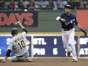 Pittsburgh Pirates' Jordy Mercer is out at second as Milwaukee Brewers' Orlando Arcia turns a double play on a ball hit by Chris Stewart during the second inning of a baseball game Wednesday, June 21, 2017, in Milwaukee. (AP Photo/Morry Gash)