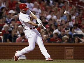 St. Louis Cardinals' Paul DeJong hits a solo home run during the seventh inning of a baseball game against the Pittsburgh Pirates, Friday, June 23, 2017, in St. Louis. (AP Photo/Jeff Roberson)