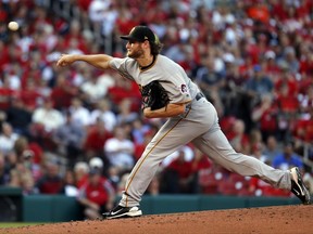Pittsburgh Pirates starting pitcher Gerrit Cole throws during the first inning of a baseball game against the St. Louis Cardinals, Saturday, June 24, 2017, in St. Louis. (AP Photo/Jeff Roberson)