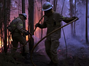 Portuguese National Republican Guard firefighters work to stop a forest fire from reaching the village of Avelar, central Portugal, at sunrise Sunday, June 18 2017.