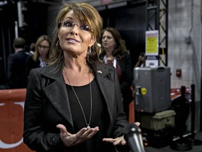 Sarah Palin, former governor of Alaska, speaks to members of the media