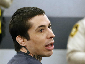 Former mixed martial arts fighter Jonathan Koppenhaver, aka War Machine, appears in court at the Regional Justice Center on Monday, June 5, 2017, in Las Vegas. Koppenhaver is ordered to serve 36 years to life behind bars after being convicted of more than two dozen charges, including sexual assault and first-degree kidnapping.