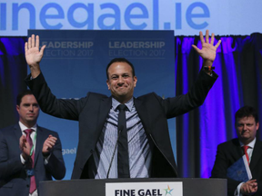 Leo Varadkar celebrates as he is named as Ireland's next prime minister, in the Mansion House in Dublin, Friday, June 2, 2017. Varadkar defeated rival Simon Coveney in a contest to replace Enda Kenny, who resigned last month.