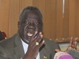 The South African Minister of Health, Dr. Riek Gai Kok, speaks  during a press conference in Juba, South Sudan Friday, June 2, 2017. South Sudan's government says 15 young children have died in a botched measles vaccination campaign that saw people as young as 12 years old administering the vaccines.