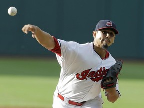 Cleveland Indians starting pitcher Carlos Carrasco delivers in the first inning of a baseball game against the Texas Rangers, Monday, June 26, 2017, in Cleveland. (AP Photo/Tony Dejak)