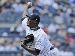 New York Yankees starting pitcher Michael Pineda throws during the first inning of the baseball game against the Texas Rangers at Yankee Stadium Sunday, June 25, 2017, in New York. (AP Photo/Seth Wenig)