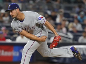 Texas Rangers pitcher Yu Darvish delivers against the New York Yankees during the second inning of a baseball game, Friday, June 23, 2017, in New York. (AP Photo/Julie Jacobson)