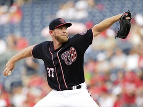 Washington Nationals starting pitcher Stephen Strasburg throws in the first inning of a baseball game against the Cincinnati Reds, Friday, June 23, 2017, in Washington. (AP Photo/Mark Tenally)