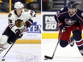FILE - At left, in an Oct. 14, 2016, file photo, Chicago Blackhawks left wing Artemi Panarin (72), of Russia, plays against the Nashville Predators during the second period of an NHL hockey game, in Nashville, Tenn. At right, in a Jan. 17, 2017, file photo, Columbus Blue Jackets forward Brandon Saad works against the Carolina Hurricanes during an NHL hockey game in Columbus, Ohio. The Blackhawks have re-acquired forward Brandon Saad in a trade with the Columbus Blue Jackets, parting with top young forward Artemi Panarin to complete the blockbuster deal.(AP Photo/File)