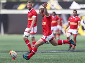 Shane O'Leary of Canada converts a try during the 2019 Rugby World Cup qualifier against the USA at Tim Horton's Field in Hamilton, Ont. on Saturday, June 24, 2017. Rugby took fly half O'Leary from his native Ireland to France. And now, thanks to his mother's New Brunswick roots, it has brought him to Canada. THE CANADIAN PRESS/ Michael P. Hall