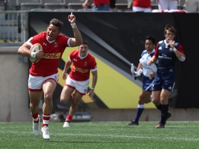 Canada's DTH Van Der Merwe scores a try against the USA during a 2019 Rugby World Cup Qualifier at Tim Horton's Field in Hamilton, Ontario on Saturday, June 24, 2017. The game finished tied 28-28. THE CANADIAN PRESS/ Michael P. Hall