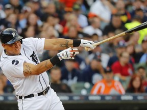 Detroit Tigers' Miguel Cabrera hits a three-run home run against the Kansas City Royals during the third inning of a baseball game in Detroit, Tuesday, June 27, 2017. (AP Photo/Paul Sancya)