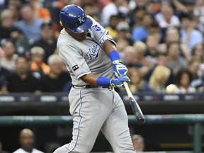 Kansas City Royals catcher Salvador Perez hits a two-run home run during the fourth inning of the team's baseball game against the Detroit Tigers, Wednesday, June 28, 2017, in Detroit. (AP Photo/Lon Horwedel)