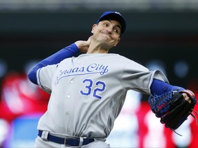 FILE - In this May 21, 2017, file photo, Kansas City Royals relief pitcher Chris Young throws against the Minnesota Twins in the fourth inning during the second game of a baseball doubleheader in Minneapolis. Young, Kansas City's winning pitcher in the 2015 World Series opener, has been designated for assignment. (AP Photo/Jim Mone, File)