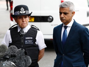 Metropolitan Police Commissioner Cressida Dick and the Mayor of London, Sadiq Khan, and make a statement after visiting Borough High Street in London on June 5, 2017, the site of the June 3 terror attack, near to Borough Market.