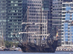 A Tall Ship makes its way out of Boston Harbor the morning after Sail Boston 2017 drew to a close Thursday, June 22, 2017, in Boston. The majority of the Tall Ships will continue on the next leg of the Rendez-Vous 2017 Tall Ships Regatta to Canada. (AP Photo/Stephan Savoia)