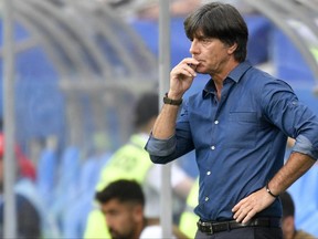 Germany coach Joachim Loew follows during the Confederations Cup, Group B soccer match between Australia and Germany, at the Fisht Stadium in Sochi, Russia, Monday, June 19, 2017. (AP Photo/Martin Meissner)