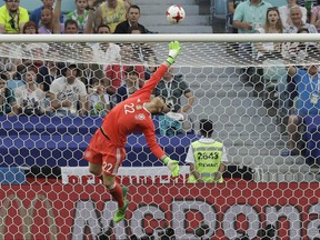 Germany goalkeeper Marc-Andre Ter Stegen deflects the ball during the Confederations Cup, Group B soccer match between Germany and Cameroon, at the Fisht Stadium in Sochi, Russia, Sunday, June 25, 2017. (AP Photo/Thanassis Stavrakis)