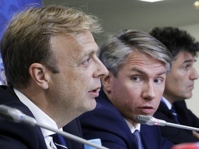 From Left: Colin Smith, FIFA chief competitions and events officer, Alexey Sorokin, 2018 FIFA World Cup Russia local organising committee CEO, and Massimo Busacca, FIFA head of refereeing, attend half–time press conference following the group stage of the Confederations Cup in St.Petersburg, Russia, Monday, June 26, 2017. (AP Photo/Dmitri Lovetsky)
