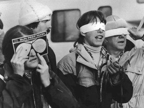 On Feb. 26, 1979, eclipse enthusiasts gathered at Observatory Hill in Goldendale, Wash., to watch a solar eclipse. The first place to experience total darkness as the moon passes between the sun and the Earth will be in Oregon and Madras, in the central part of the state, is expected to be a prime viewing location. Up to 1 million people are expected in Oregon for the first coast-to-coast total solar eclipse in 99 years Aug. 21, 20127, and up to 100,000 could show up in Madras and surrounding Jefferson County. Officials are worried about the ability of the rural area to host so many visitors and are concerned about the danger of wildfire from so many people camping on public lands. (Wes Guderian/The Oregonian via AP)